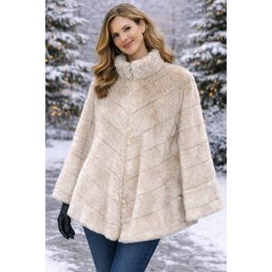 NWT Dennis Basso Faux Fur Cape Beige Chevron Zip Front Warm Winter Outerwear